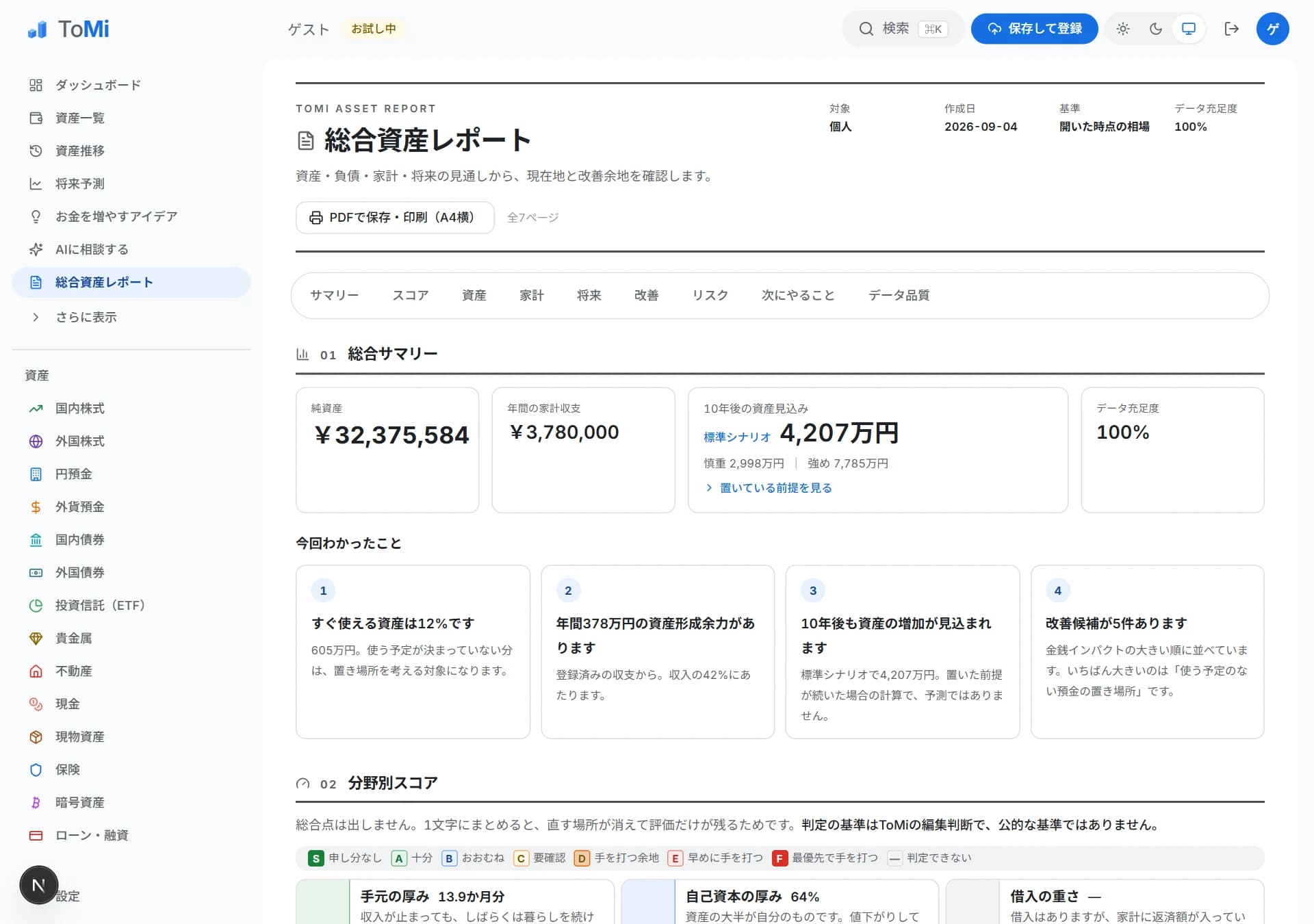 ToMiの総合資産レポートの画面